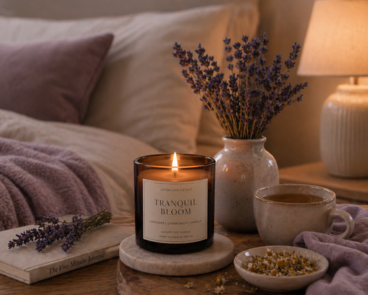 Lavender, Chamomile & Vanilla luxury soy candle: ZenBlissEssence