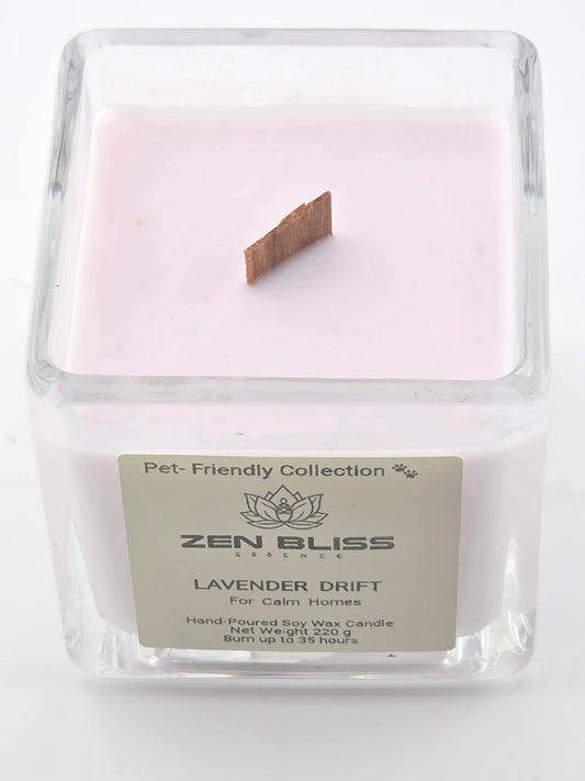 Lavender Drift  Soy candle: PURE ORGANIC ESSENTIAL OILS— PET-Friendly Homes soy wax candle: ZenBlissEssence, UK